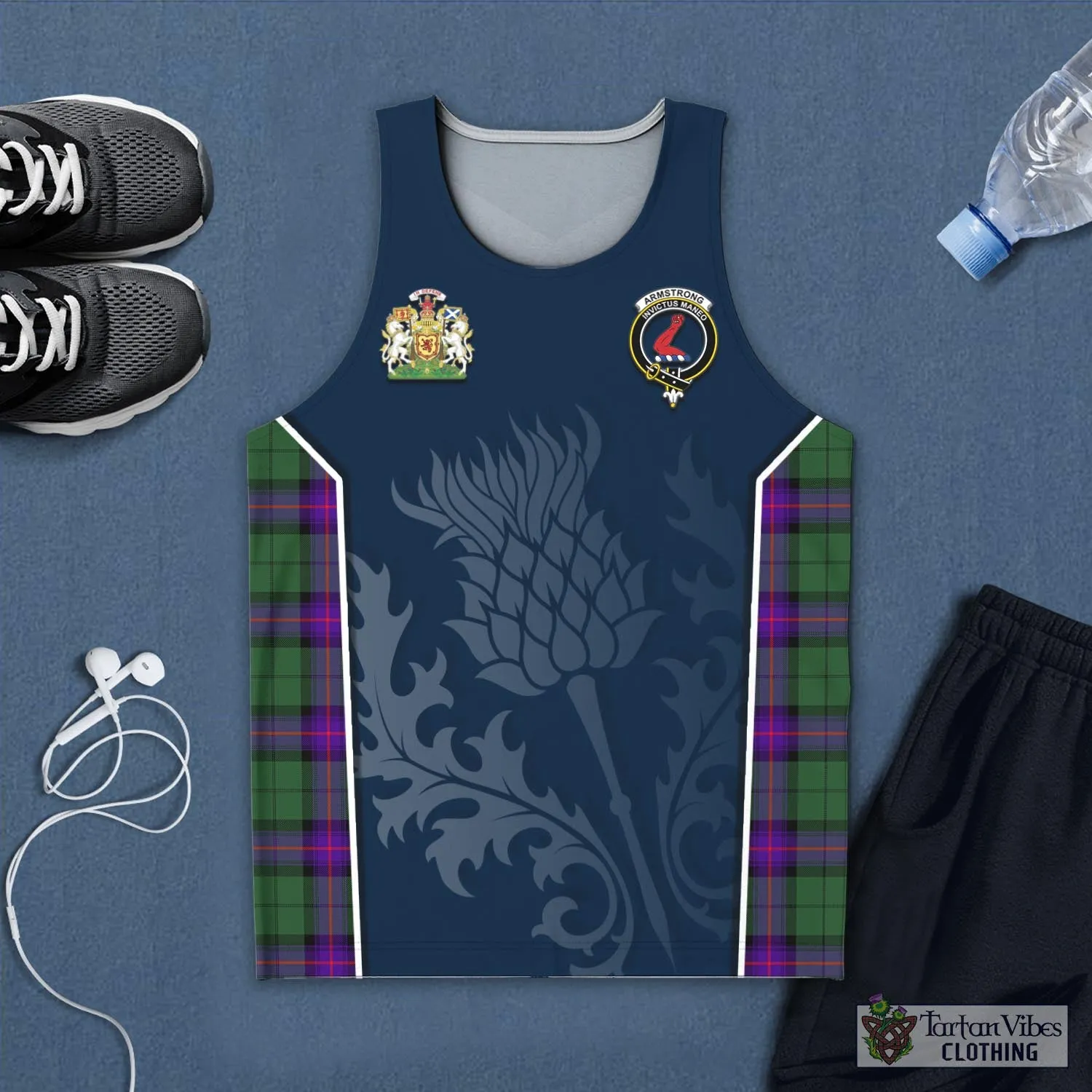 Armstrong Modern Tartan Men's Tanks Top with Family Crest and Scottish Thistle Vibes Sport Style