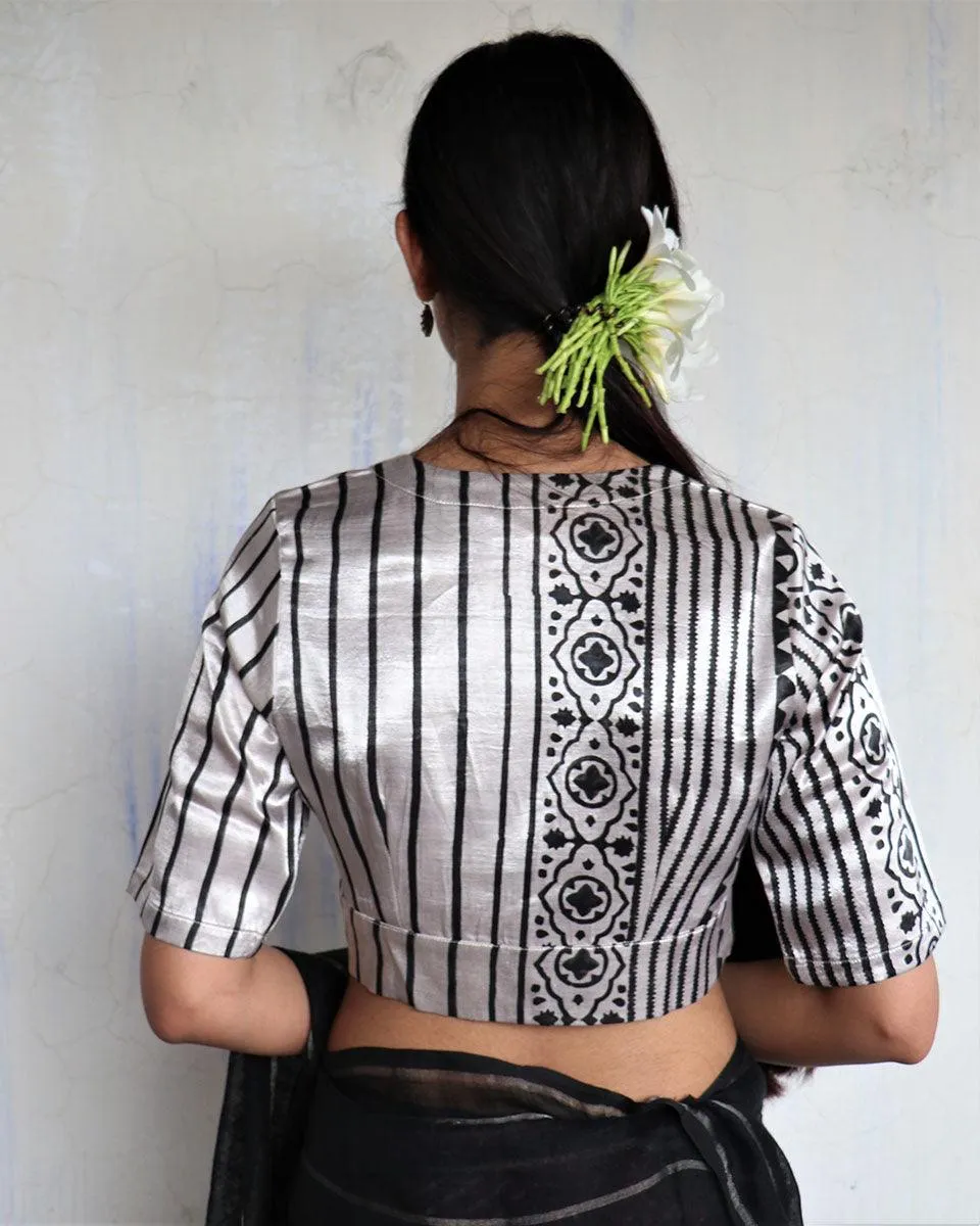 Asha Ivory Hand Blockprinted Mashru Silk Blouse-Yesterday