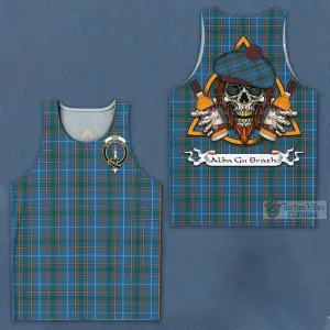 Bain Tartan Men's Tank Top with Family Crest and Bearded Skull Holding Bottles of Whiskey