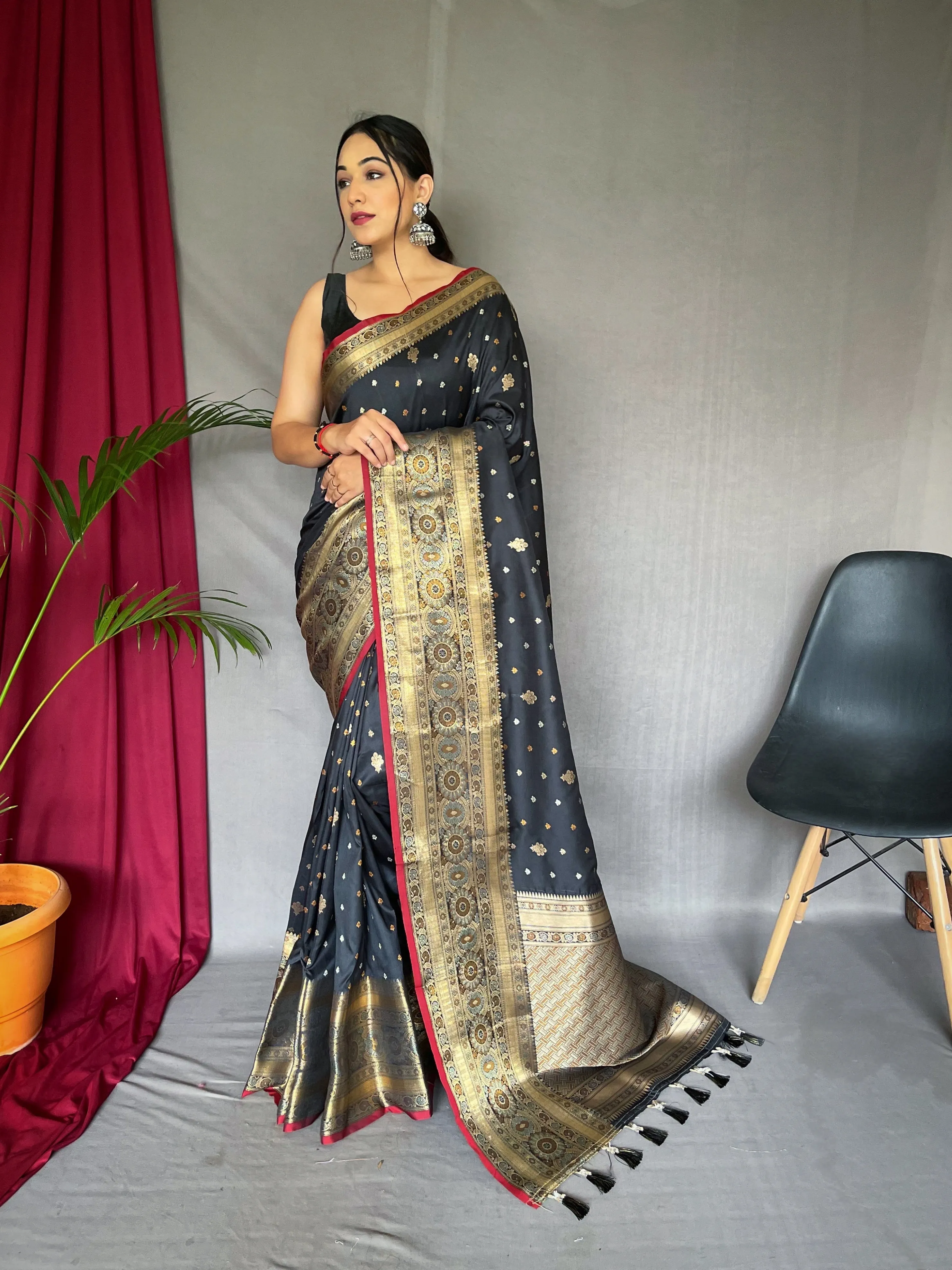 Black Saree In Soft Silk Multi Color Zari Woven