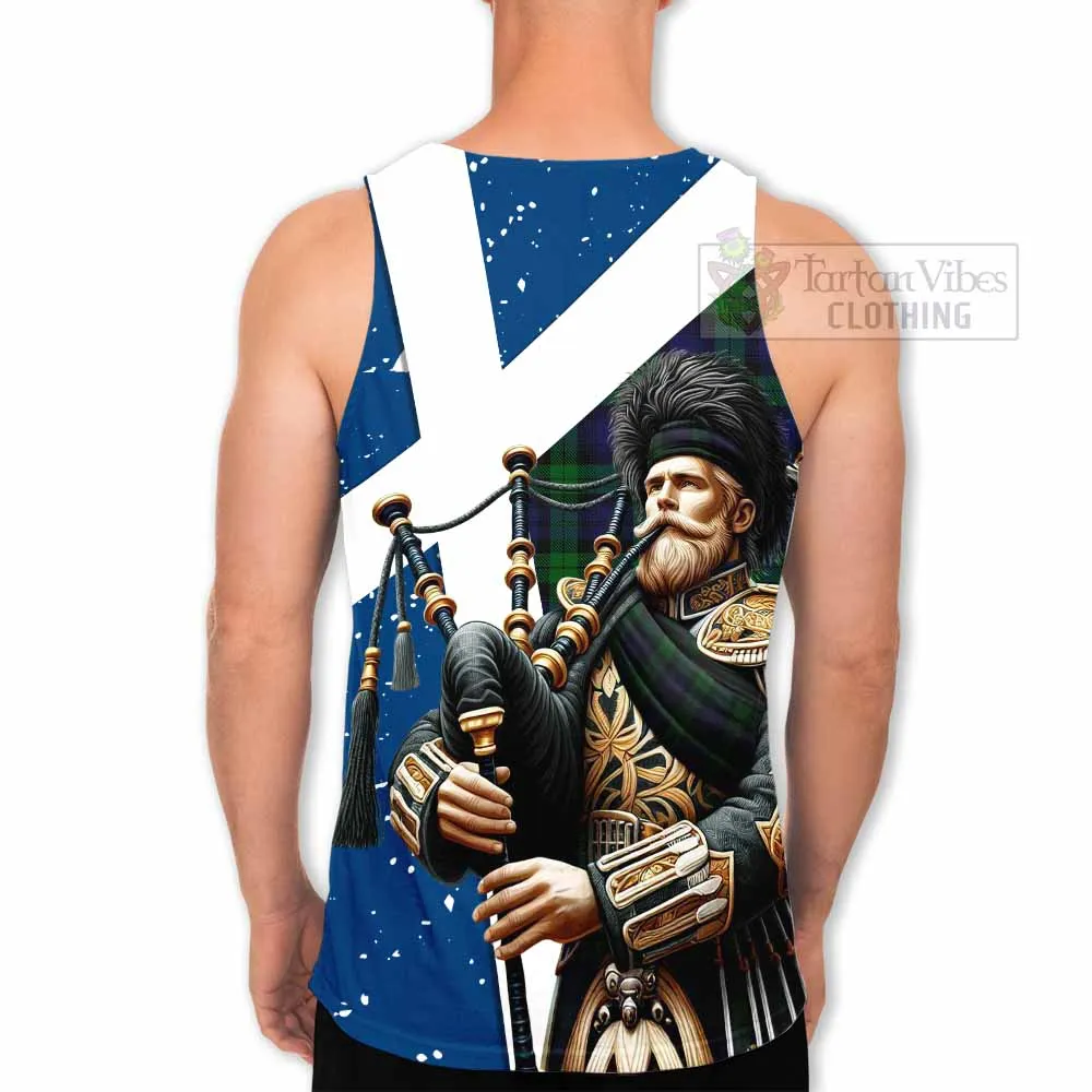 Black Watch Tartan Men's Tank Top with Family Crest Scottish Bagpiper Vibes