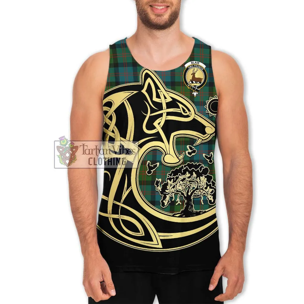 Blair Ancient Tartan Men's Tank Top with Family Crest Celtic Wolf Style