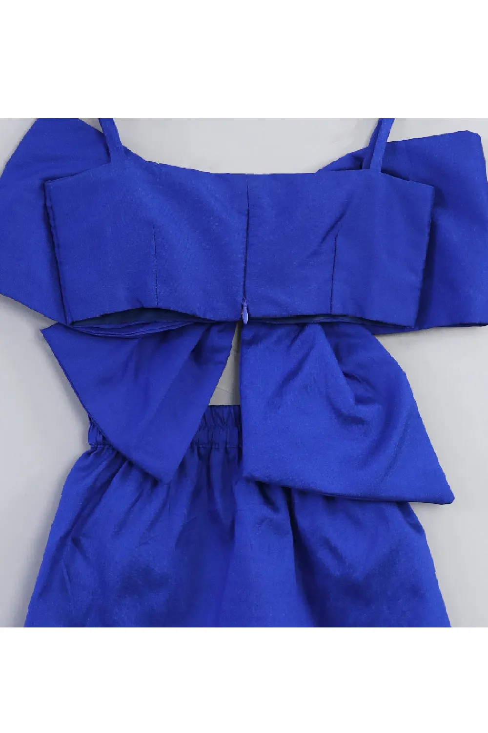 Blue Big Bow Detailing Silk Sleeveless Top With Short Set