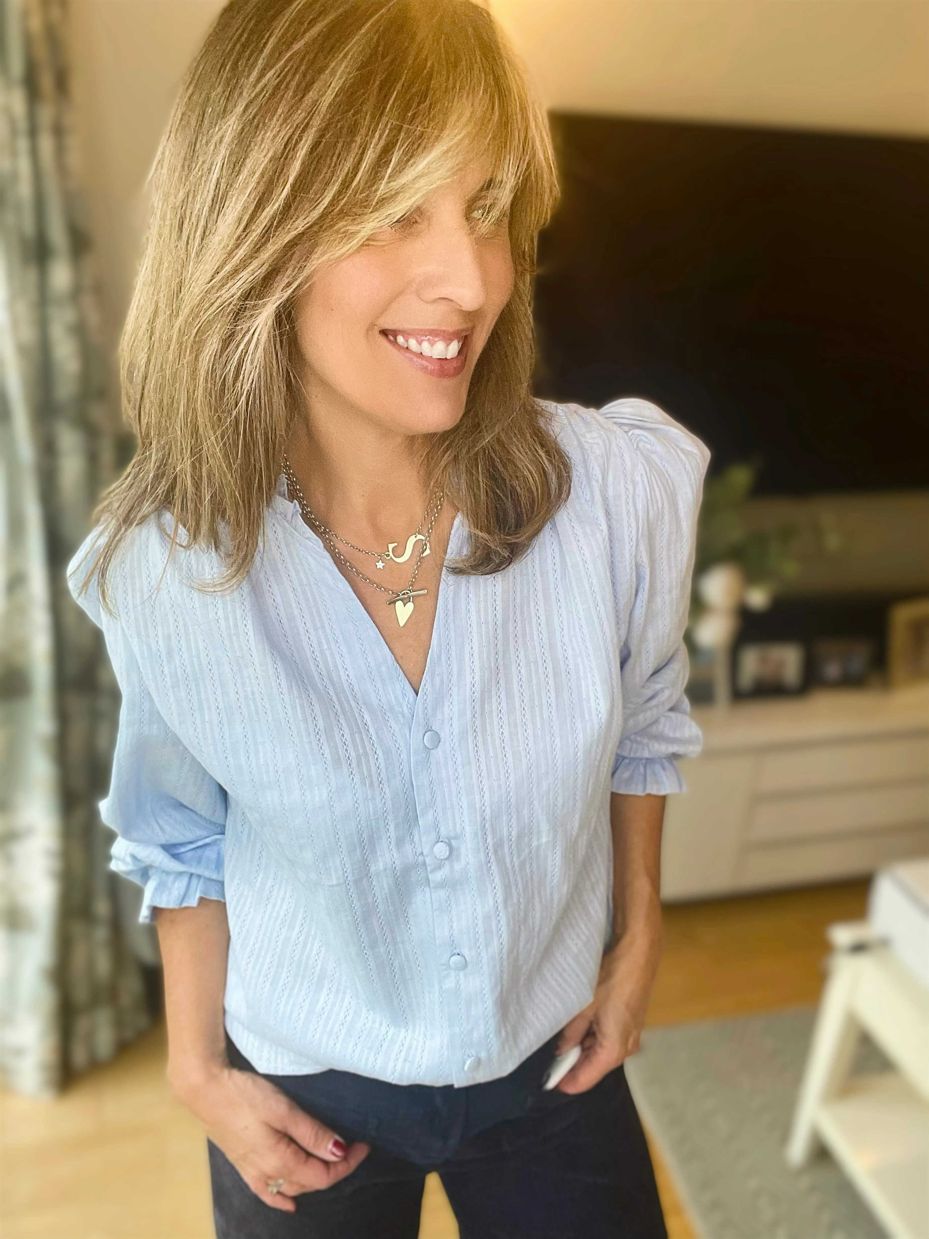 Blue Ruffle V-Neck Shirt