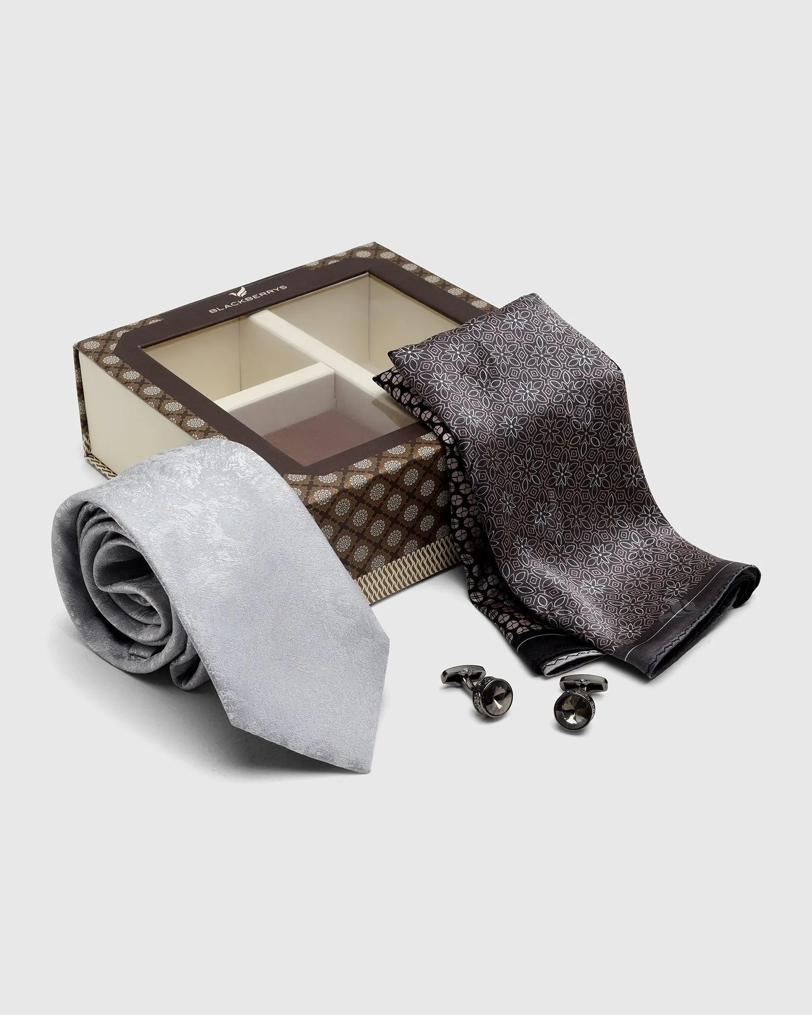 Boxed Combo Printed Tie With Pocket Square And Cufflink In Grey - Tapair