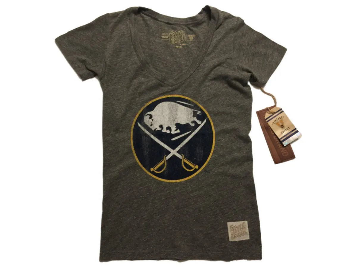 Buffalo Sabres Retro Brand WOMEN Gray Tri-Blend Short Sleeve V-Neck T-Shirt