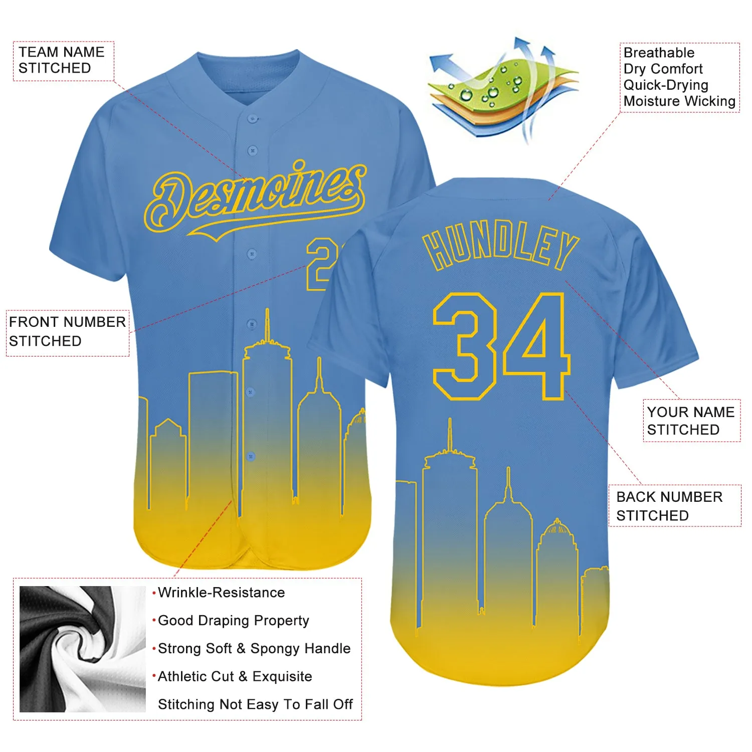 Custom Light Blue Yellow 3D Boston City Edition Fade Fashion Authentic Baseball Jersey