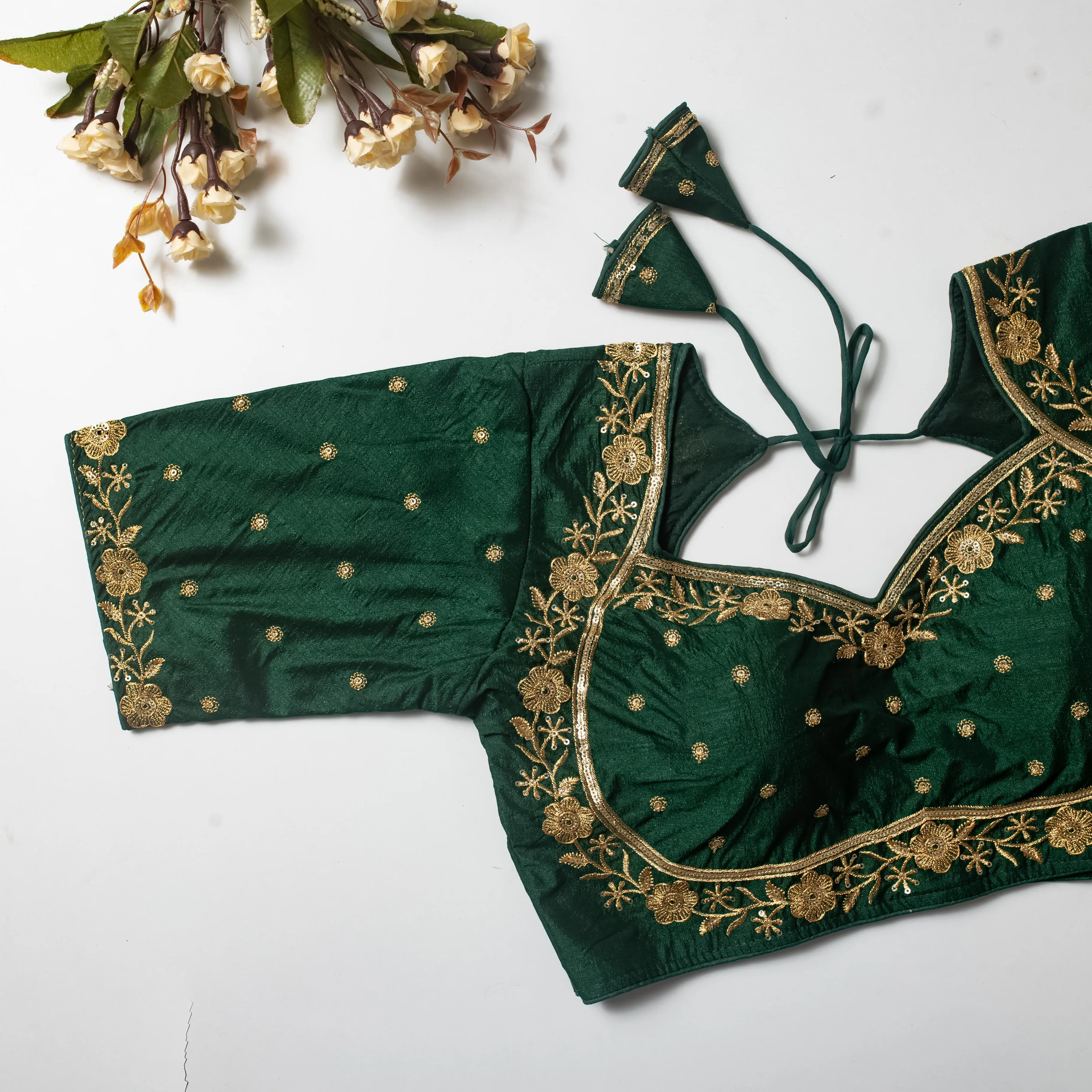 Dark Green Olive Silk Blouse with Golden Embroidery and Sequins