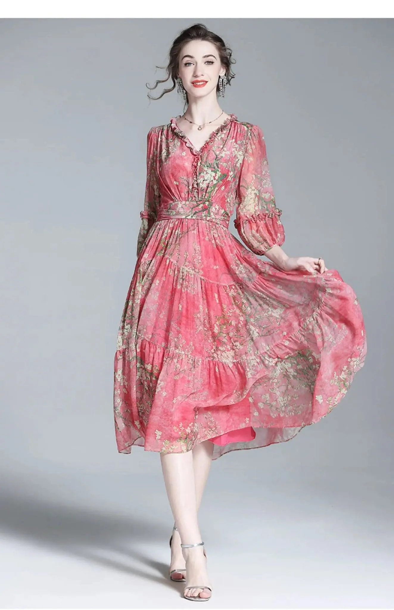 Elegant Floral Silk Ruffled Midi Dress - Beach Style, V-Neck, A-Line