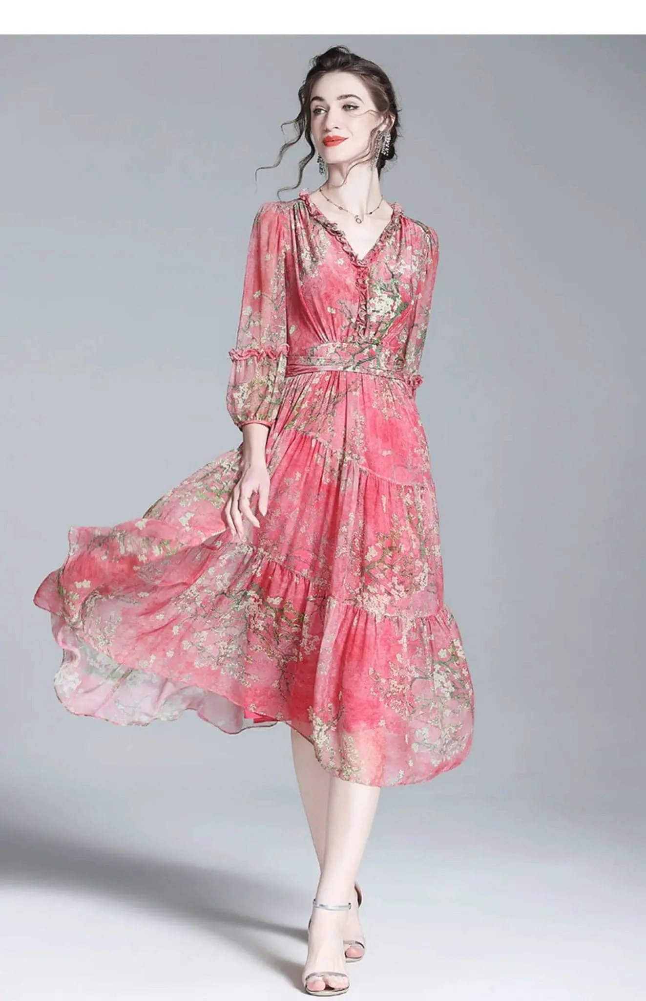 Elegant Floral Silk Ruffled Midi Dress - Beach Style, V-Neck, A-Line