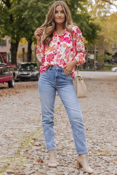 Floral V-Neck Frill Long Sleeve Summer Blouse