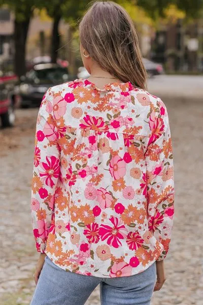 Floral V-Neck Frill Long Sleeve Summer Blouse