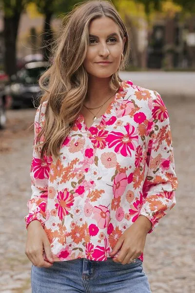 Floral V-Neck Frill Long Sleeve Summer Blouse