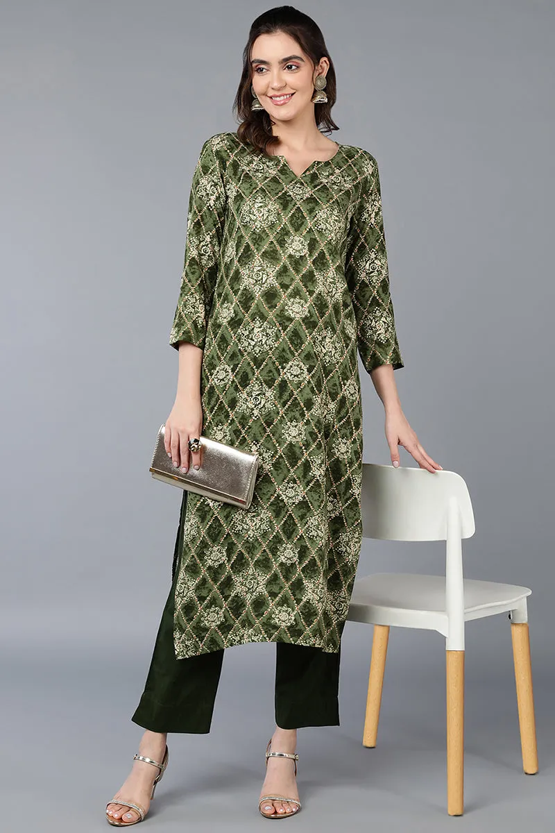 Green Viscose Rayon Printed Straight Kurta