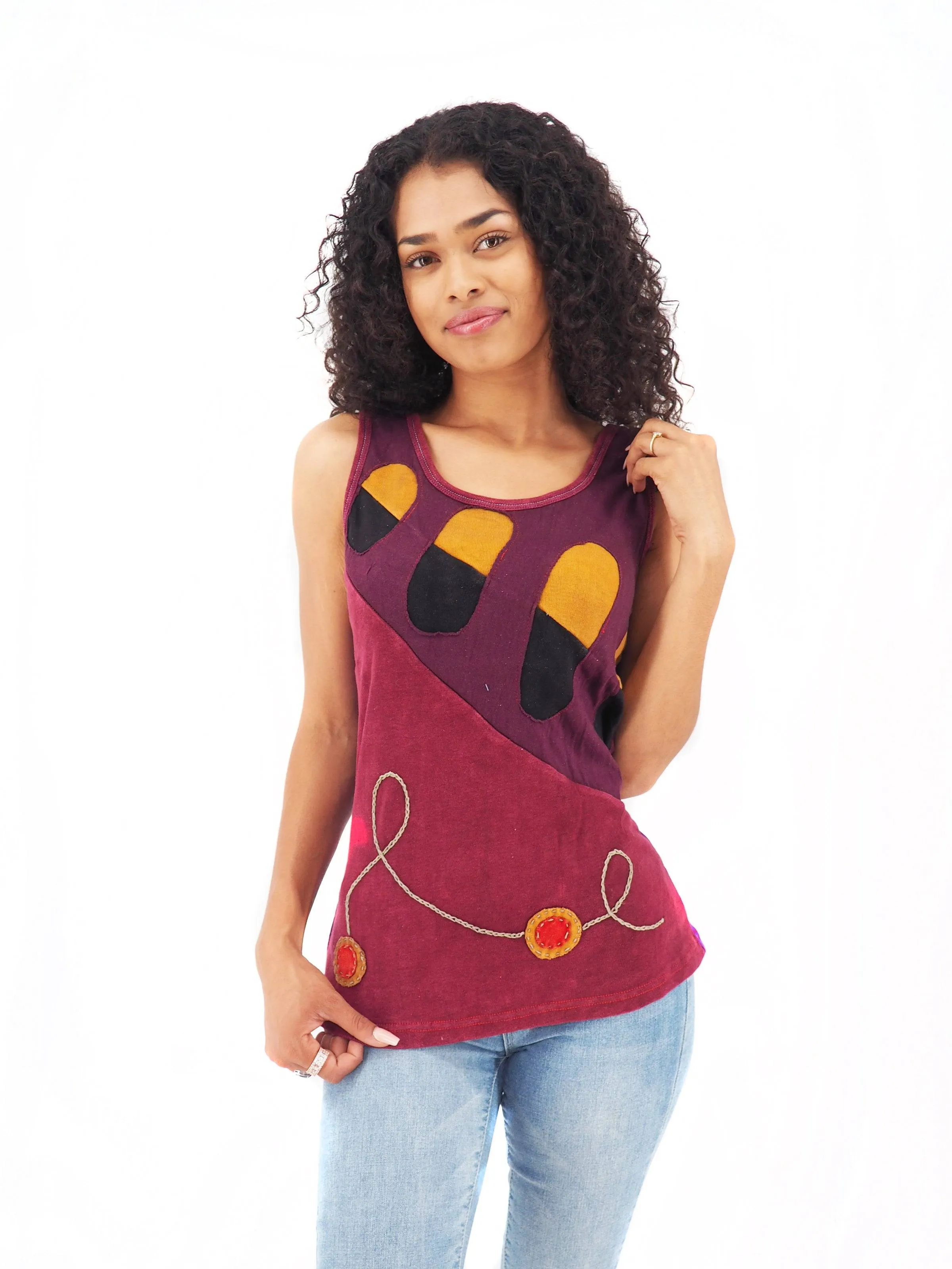 Handmade Patchwork Boho Tank Top 100% Pre-Washed Cotton Eggplant Burgundy Tones S-M-L-XL