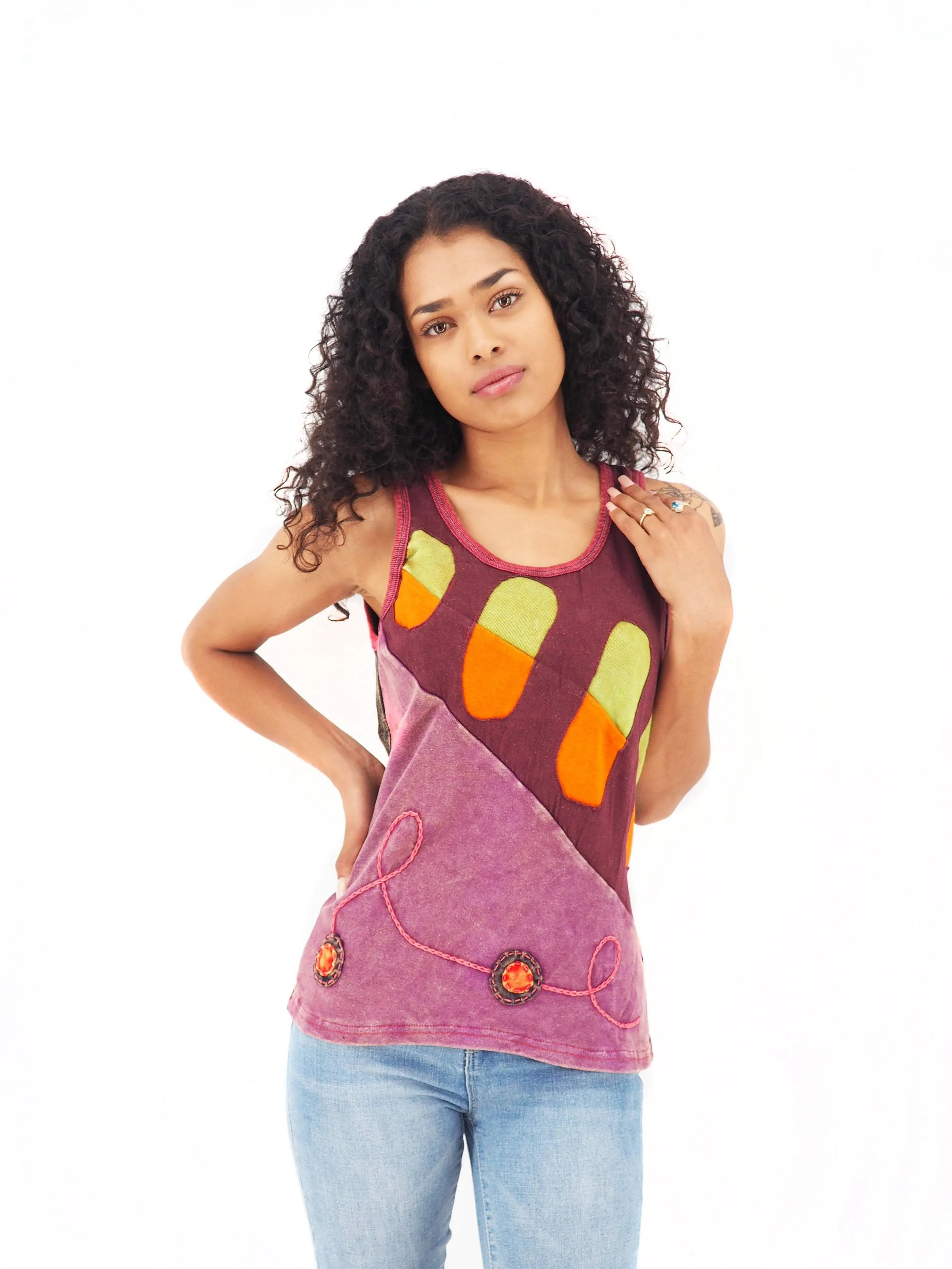 Handmade Patchwork Boho Tank Top 100% Pre-Washed Cotton Eggplant Pink Tones S-M-L-XL