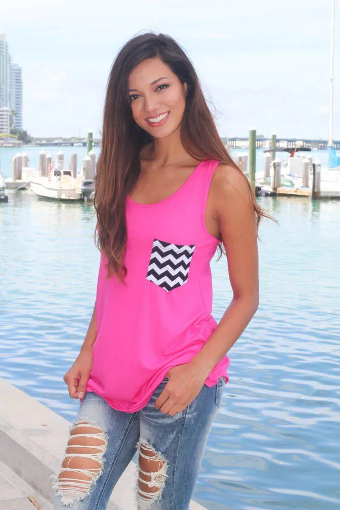 Hot Pink Tunic Top With Chevron Pocket