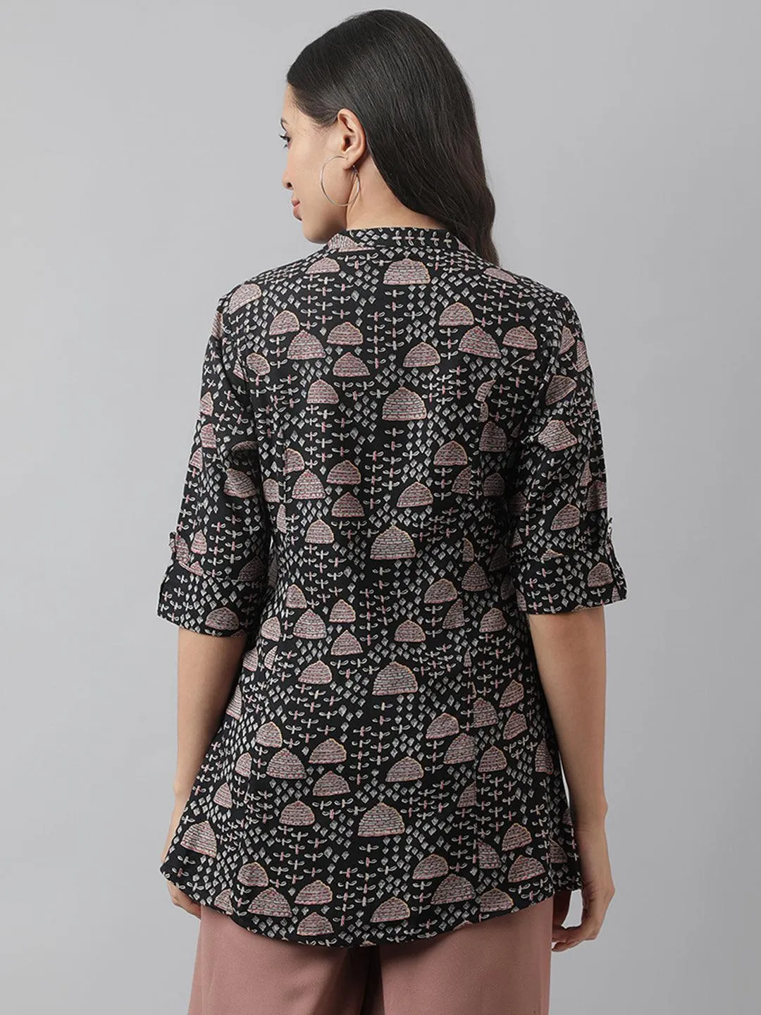 Jashvi Black Floral Printed Rayon A-line Shirt Style Top