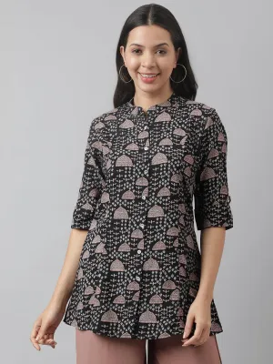 Jashvi Black Floral Printed Rayon A-line Shirt Style Top