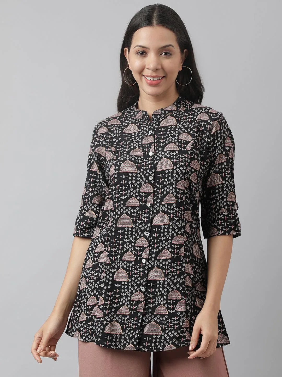 Jashvi Black Floral Printed Rayon A-line Shirt Style Top