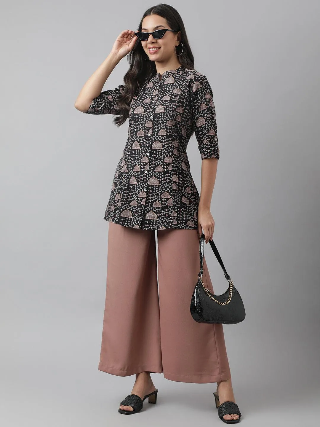 Jashvi Black Floral Printed Rayon A-line Shirt Style Top