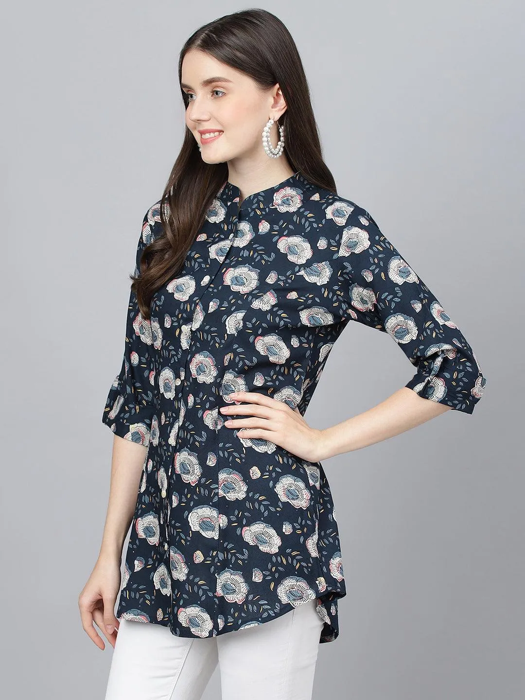 Jashvi Blue Floral printed Rayon A-line Shirts Style Top