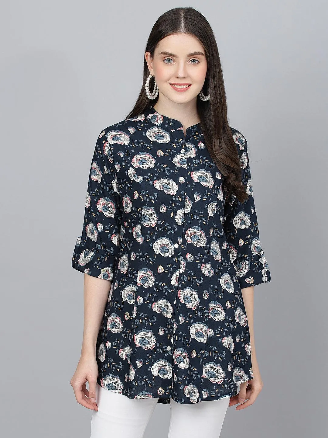 Jashvi Blue Floral printed Rayon A-line Shirts Style Top