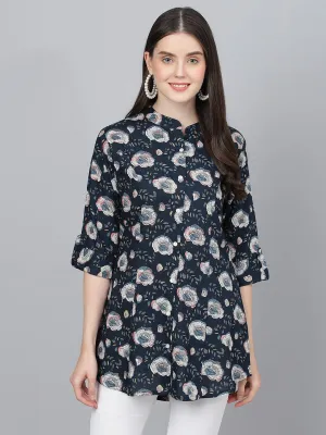 Jashvi Blue Floral printed Rayon A-line Shirts Style Top