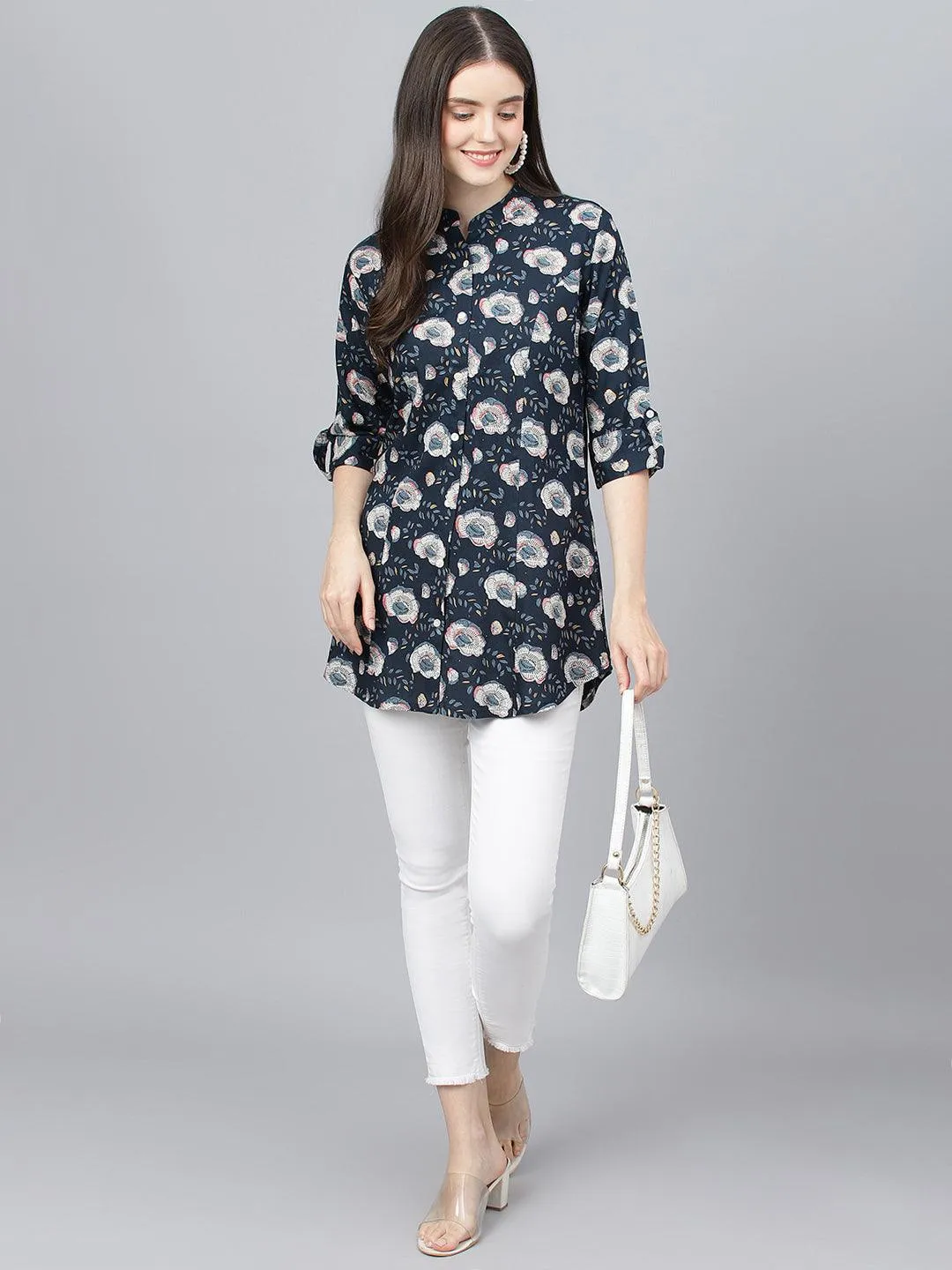 Jashvi Blue Floral printed Rayon A-line Shirts Style Top