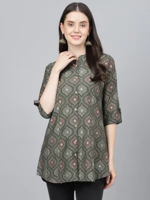 Jashvi Gray Motif Printed Modal A-Line Shirts Style Top