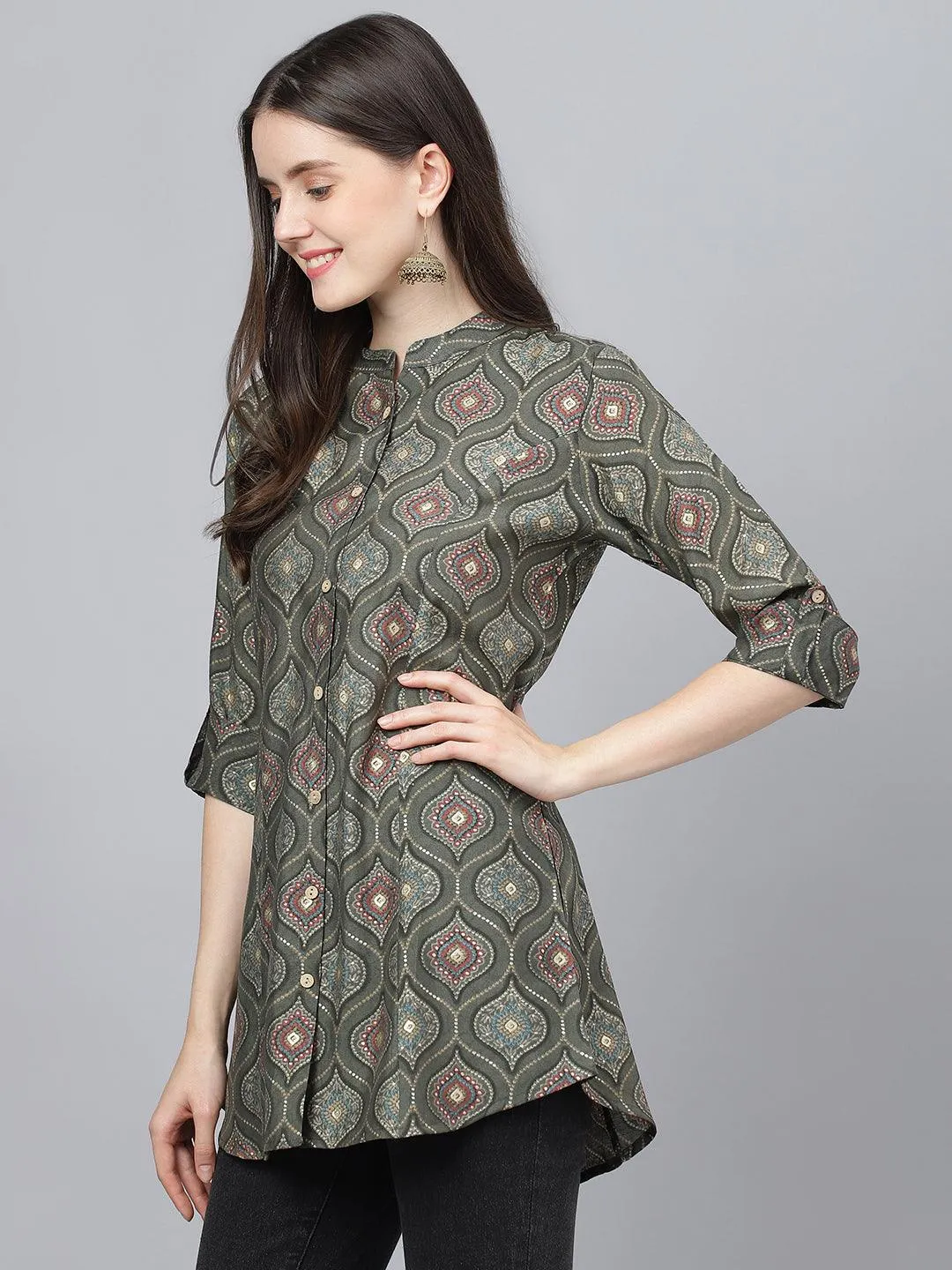 Jashvi Gray Motif Printed Modal A-Line Shirts Style Top