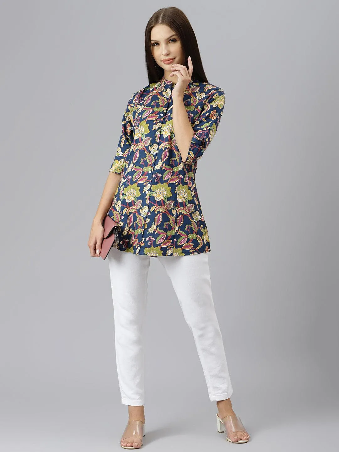 Jashvi Navy Blue Floral Rayon A-line Shirts Style Top