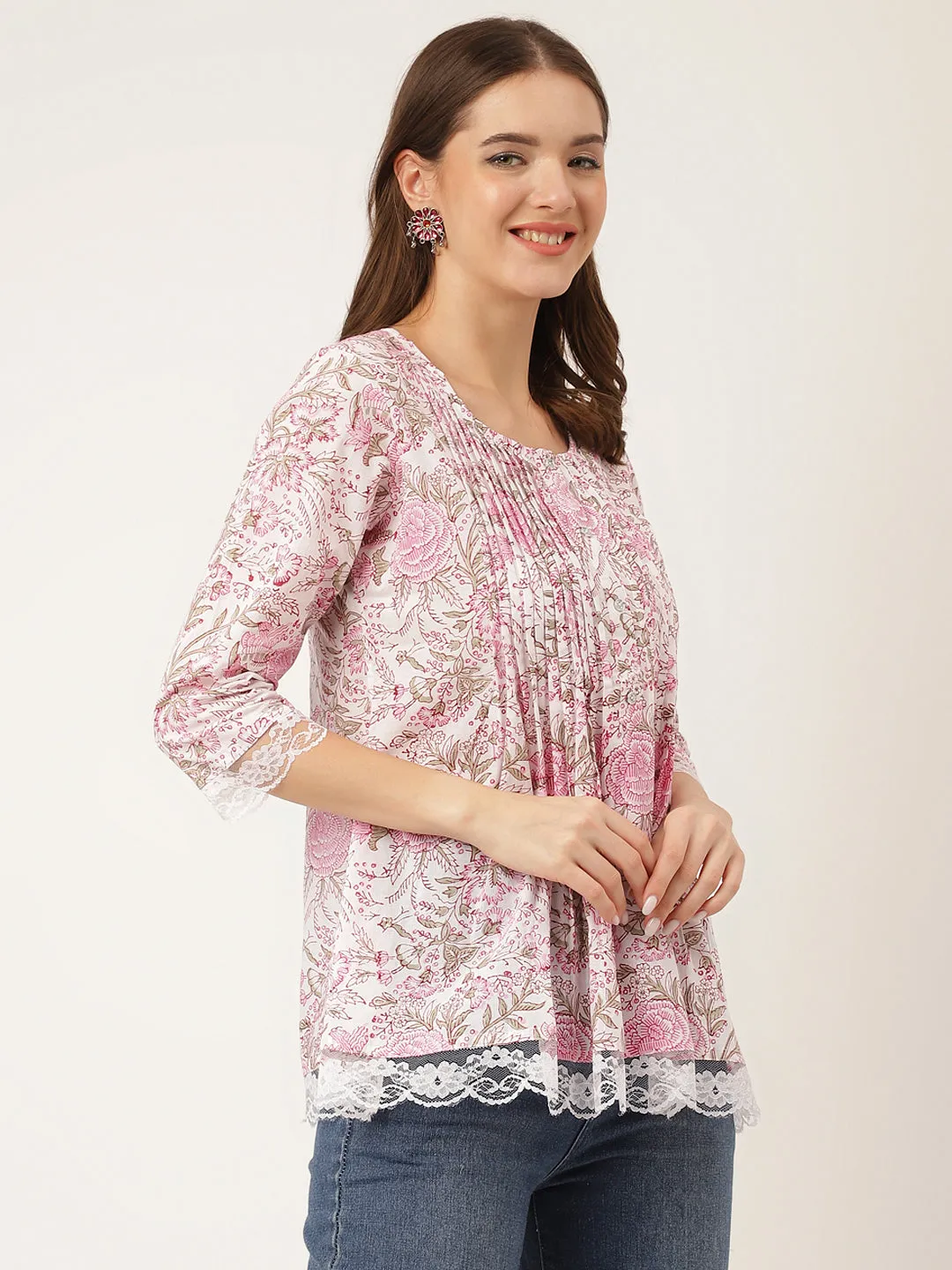 Jashvi Pink Floral Print Cotton Peplum Top with Pintuck Detailing