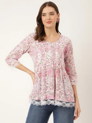 Jashvi Pink Floral Print Cotton Peplum Top with Pintuck Detailing