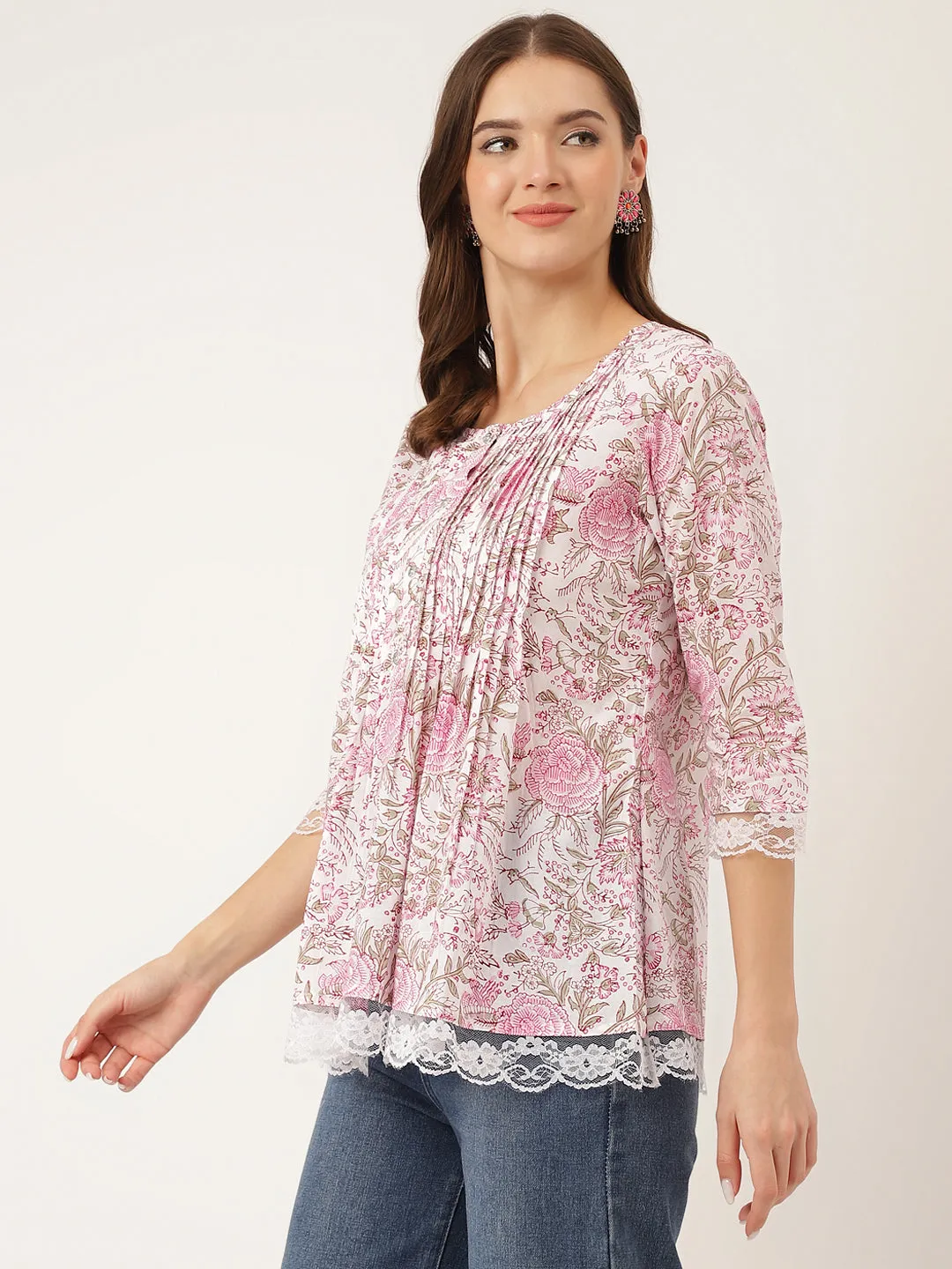 Jashvi Pink Floral Print Cotton Peplum Top with Pintuck Detailing