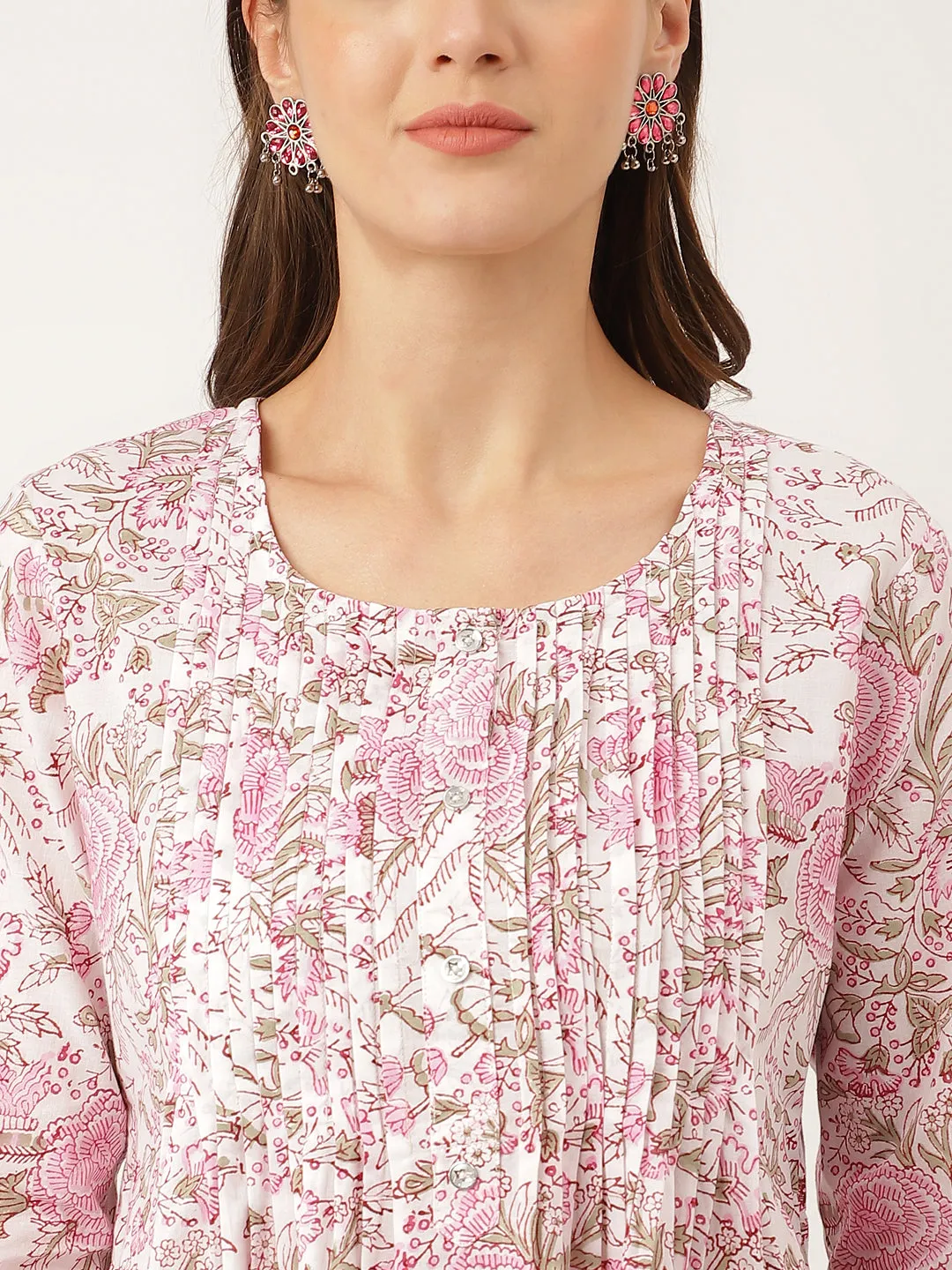 Jashvi Pink Floral Print Cotton Peplum Top with Pintuck Detailing