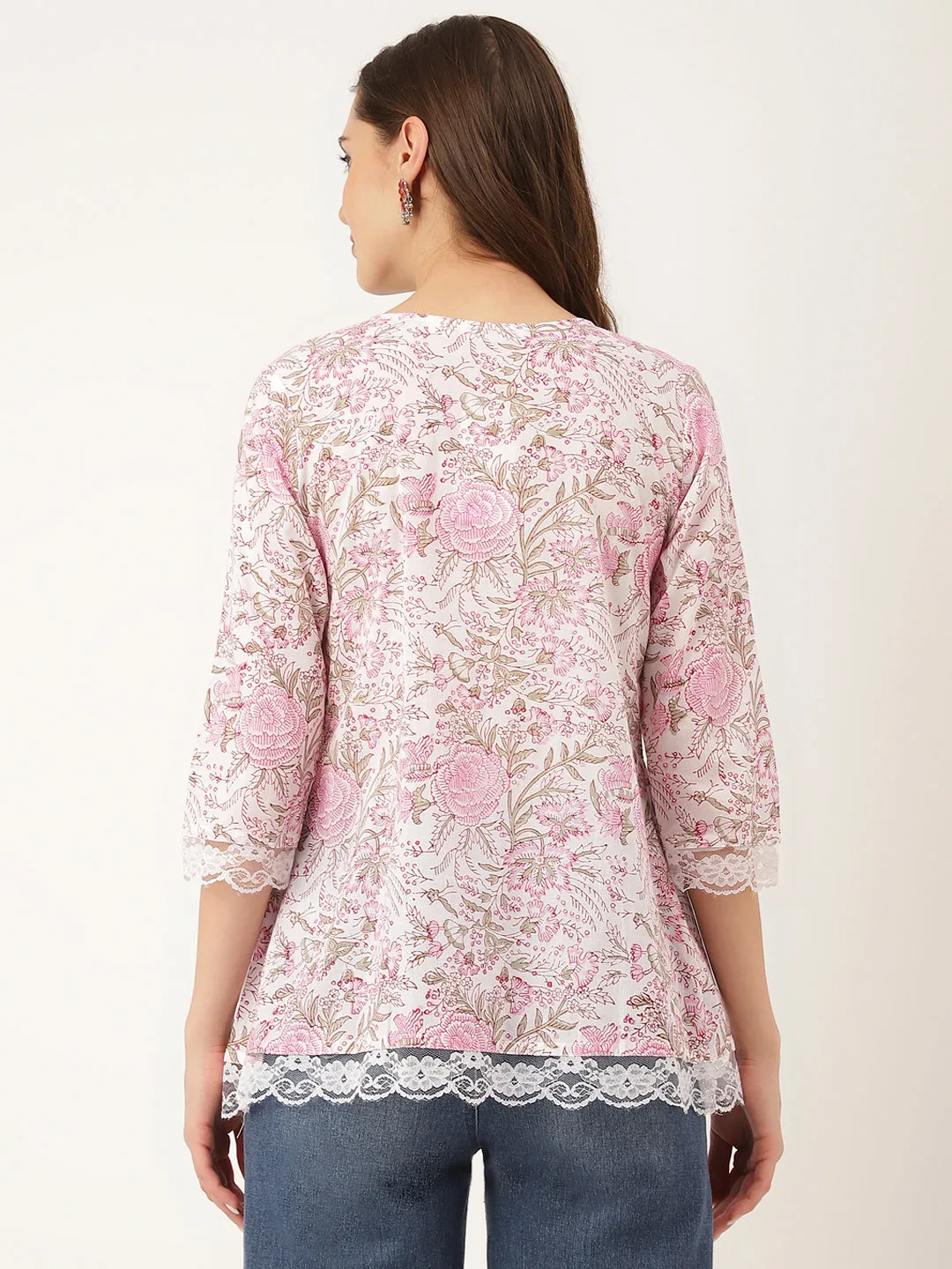 Jashvi Pink Floral Print Cotton Peplum Top with Pintuck Detailing