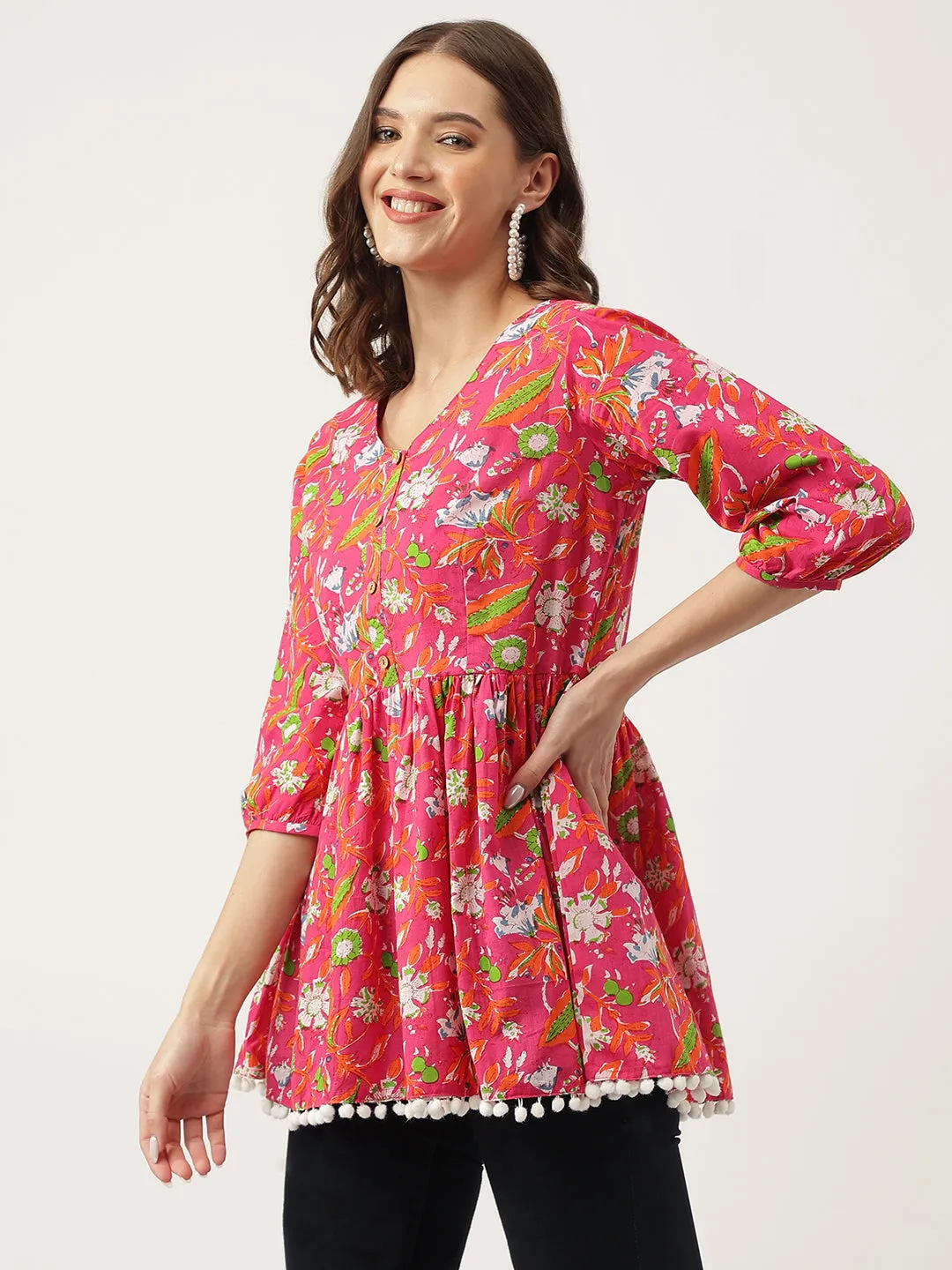 Jashvi Pink Floral Printed Cotton Peplum Fit Top