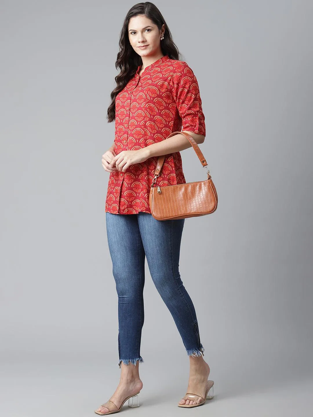 Jashvi Rayon Maroon Printed Shirt style A-line Top