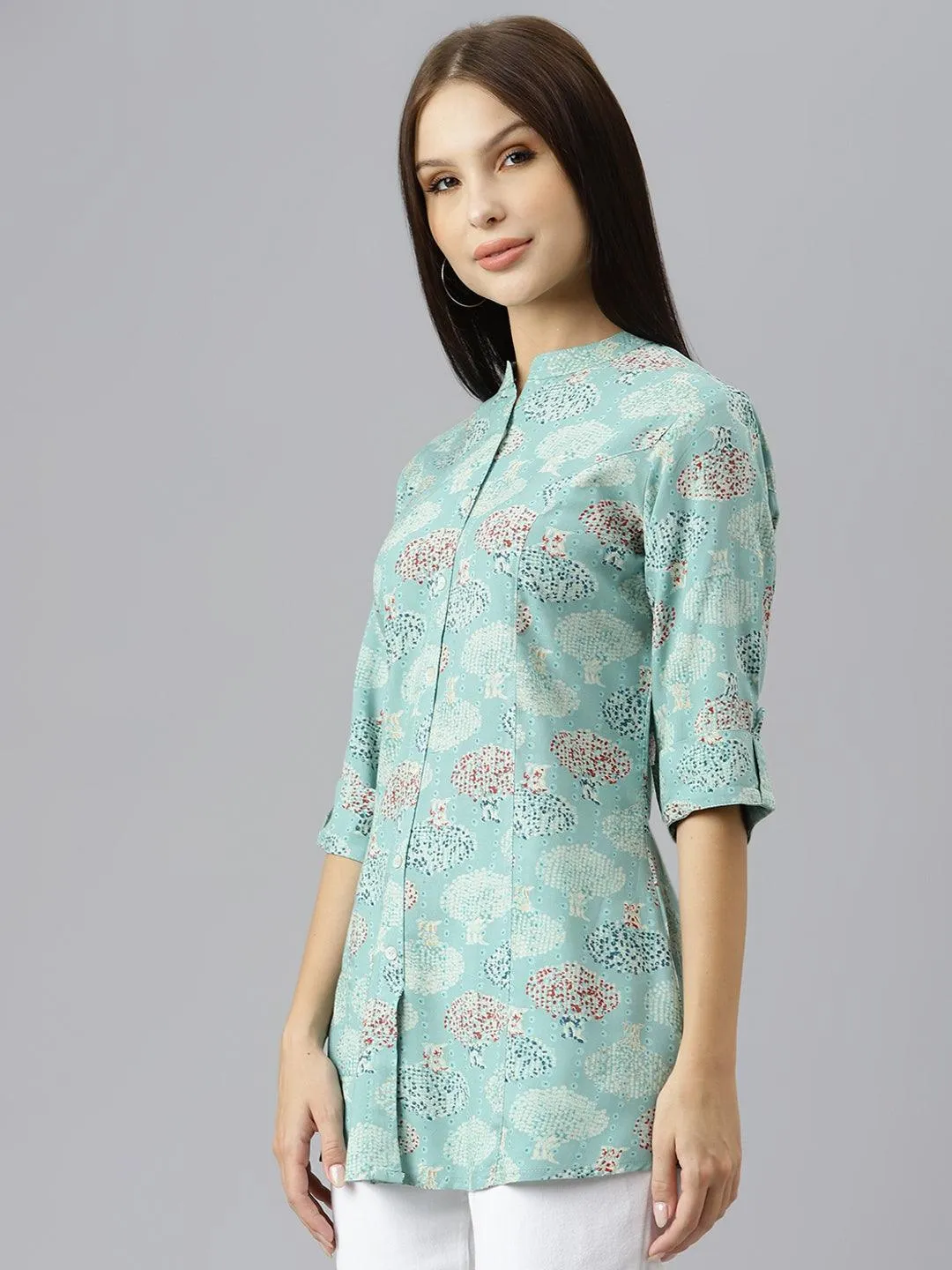 Jashvi Sea Green Floral Rayon A-line Shirts Style Top