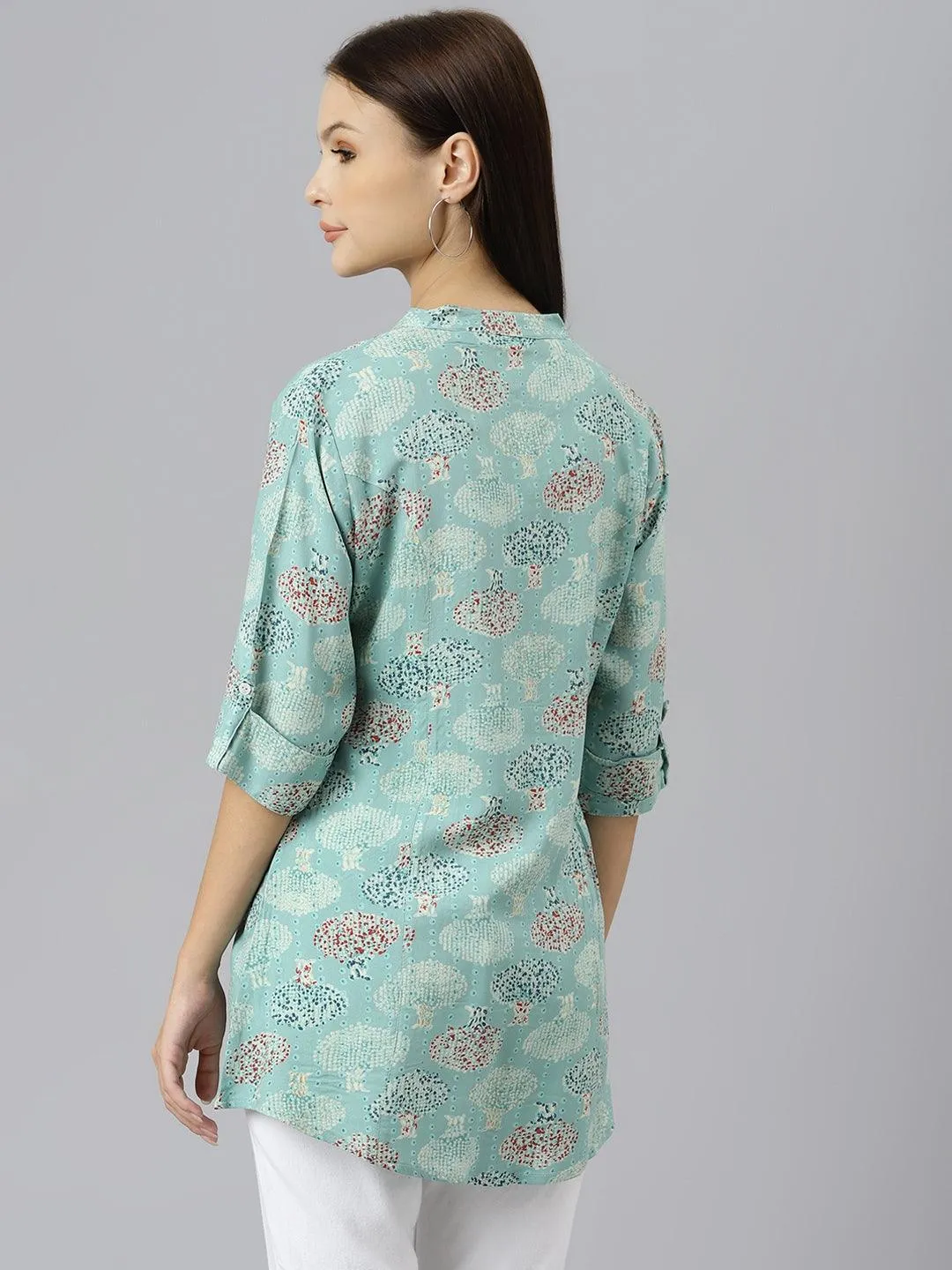 Jashvi Sea Green Floral Rayon A-line Shirts Style Top