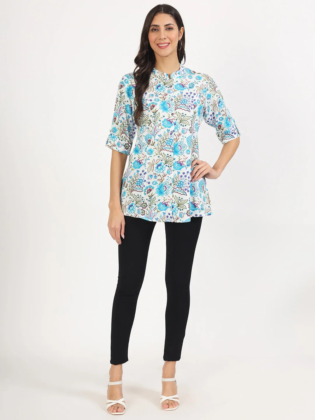 Jashvi White Floral Printed Rayon Top