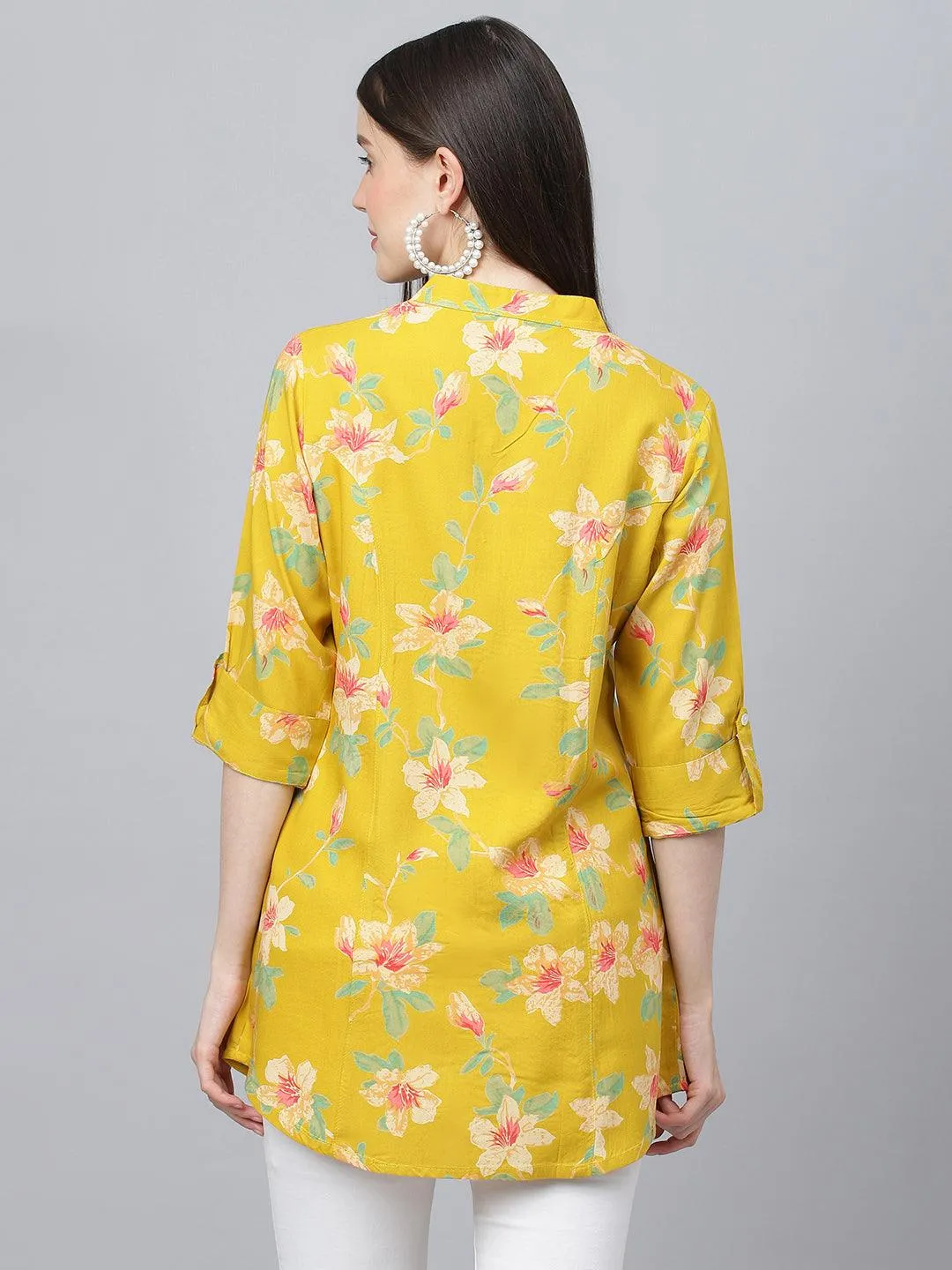 Jashvi Yellow Floral printed Rayon A-line Shirts Style Top