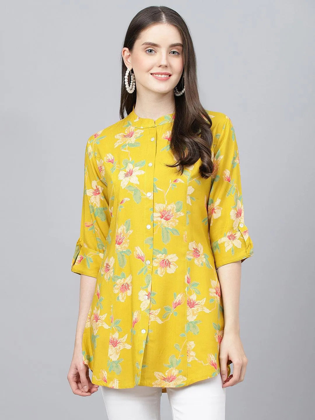 Jashvi Yellow Floral printed Rayon A-line Shirts Style Top