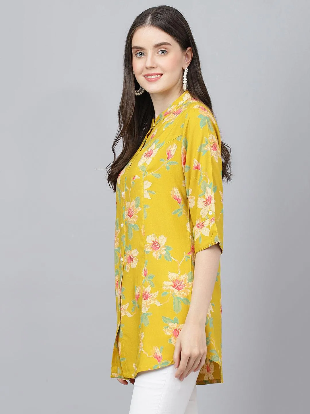 Jashvi Yellow Floral printed Rayon A-line Shirts Style Top