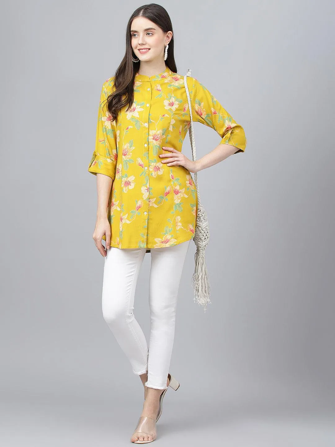 Jashvi Yellow Floral printed Rayon A-line Shirts Style Top