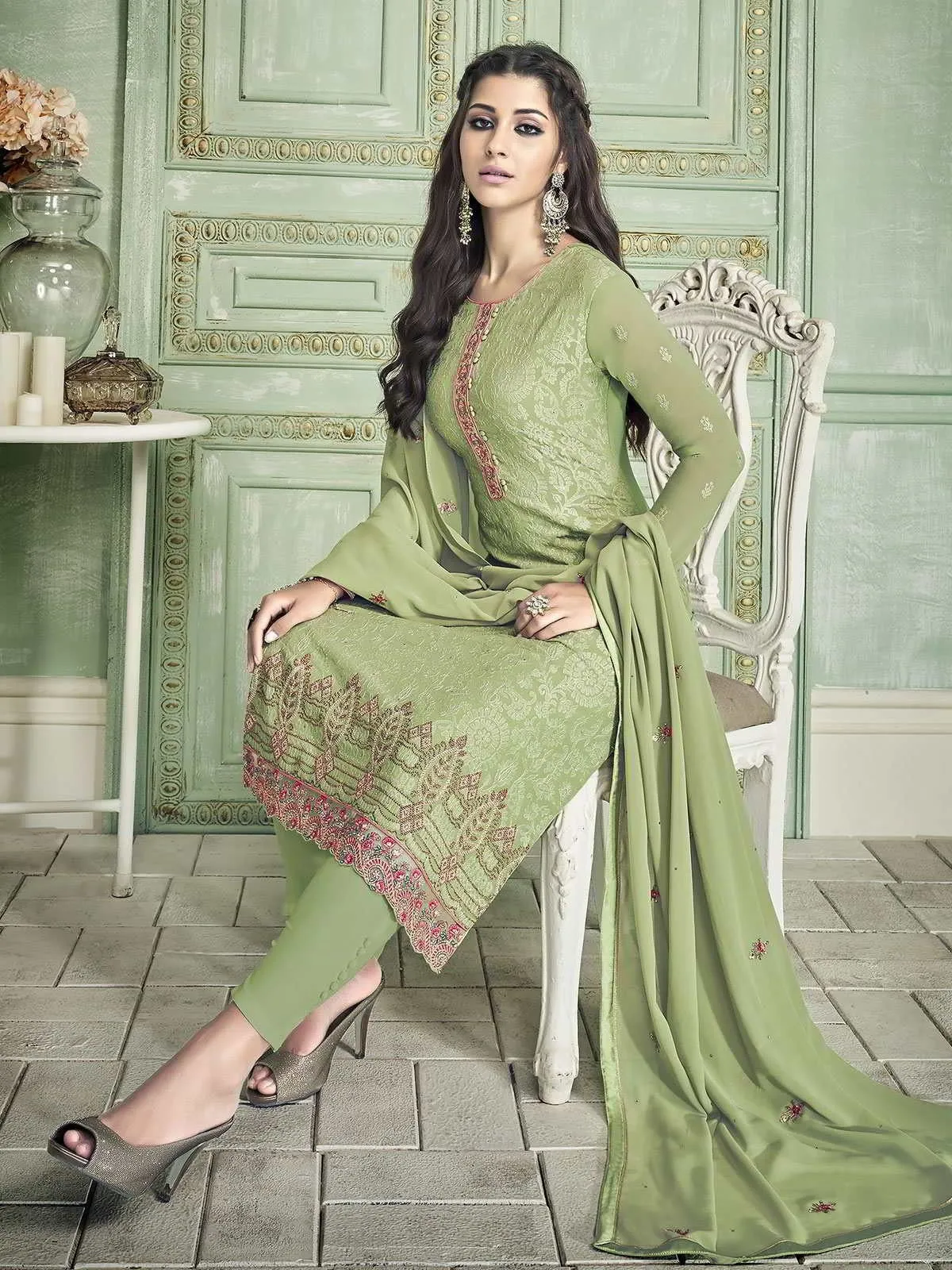 Light Green Ethnic Embroidered Designer Pakistani Pant Suit