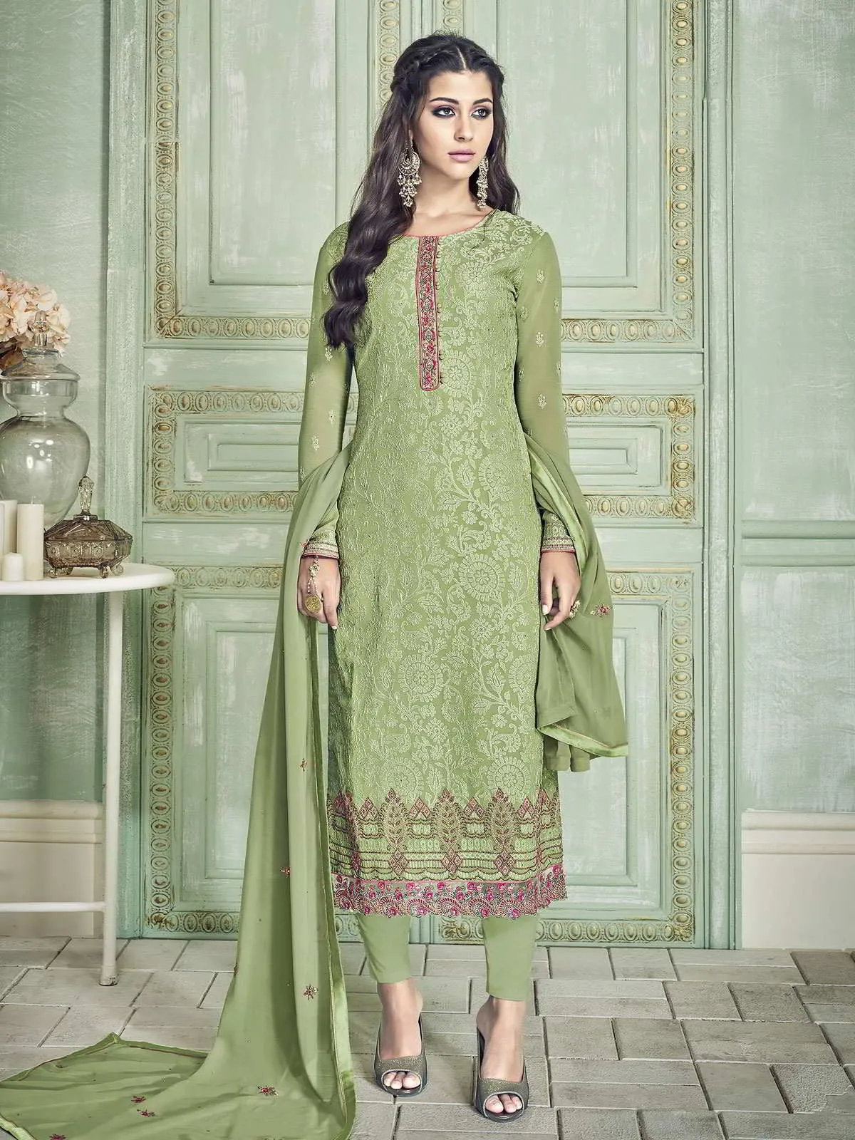 Light Green Ethnic Embroidered Designer Pakistani Pant Suit