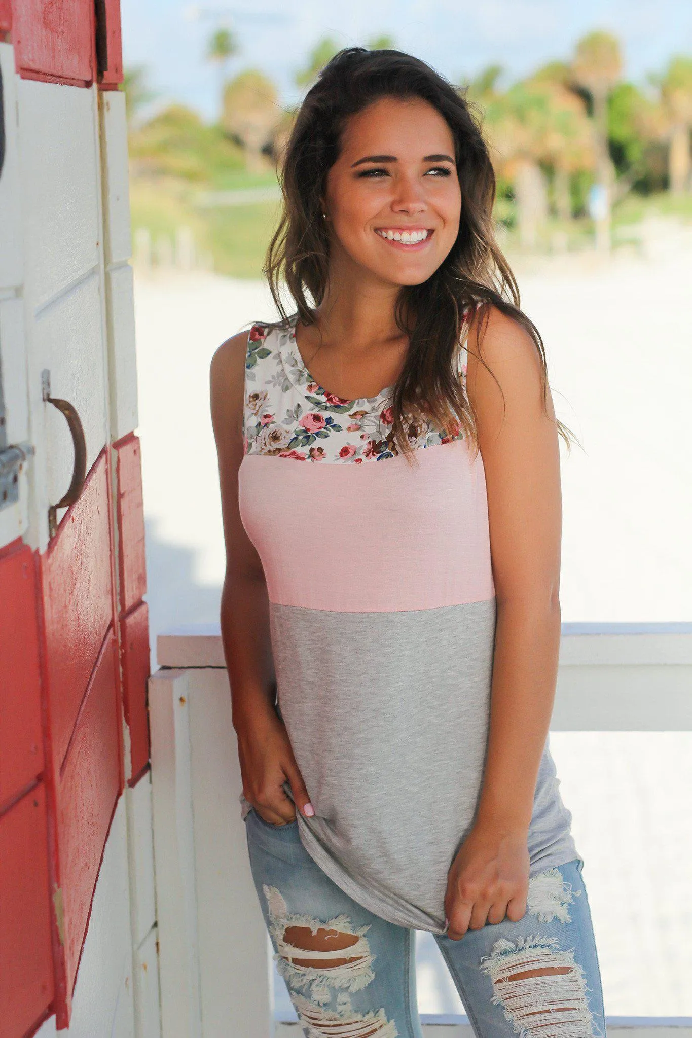 Light Pink and Gray Floral Tank Top