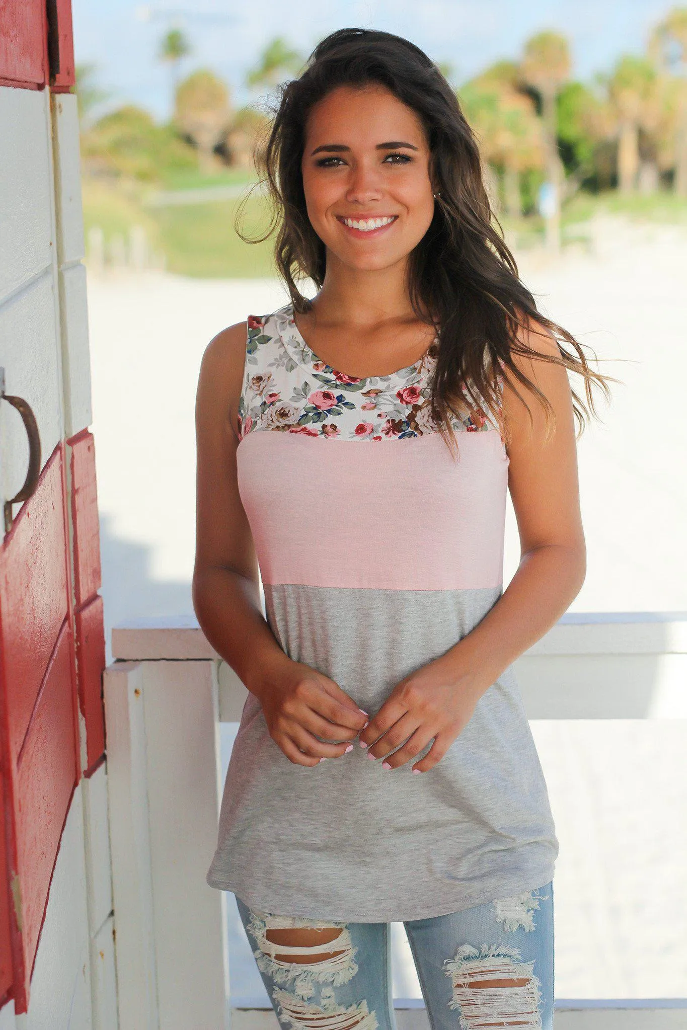 Light Pink and Gray Floral Tank Top